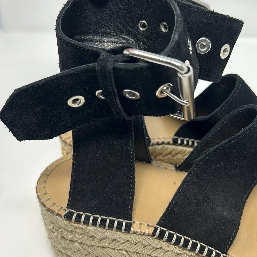 Rag & Bone Black Suede Leather Square Toe Espadrille Platform Buckle Sandals